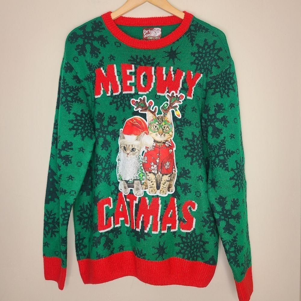 Party Sweater Meowy Catmas Christmas Party Holiday Novelty Sweater‎ Unisex Sz XL